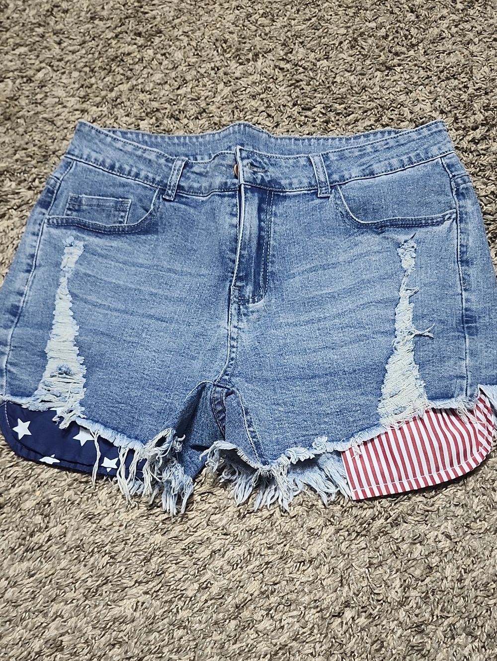 Women's Frayed Hem Denim Shorts with Flag Detail - Blue